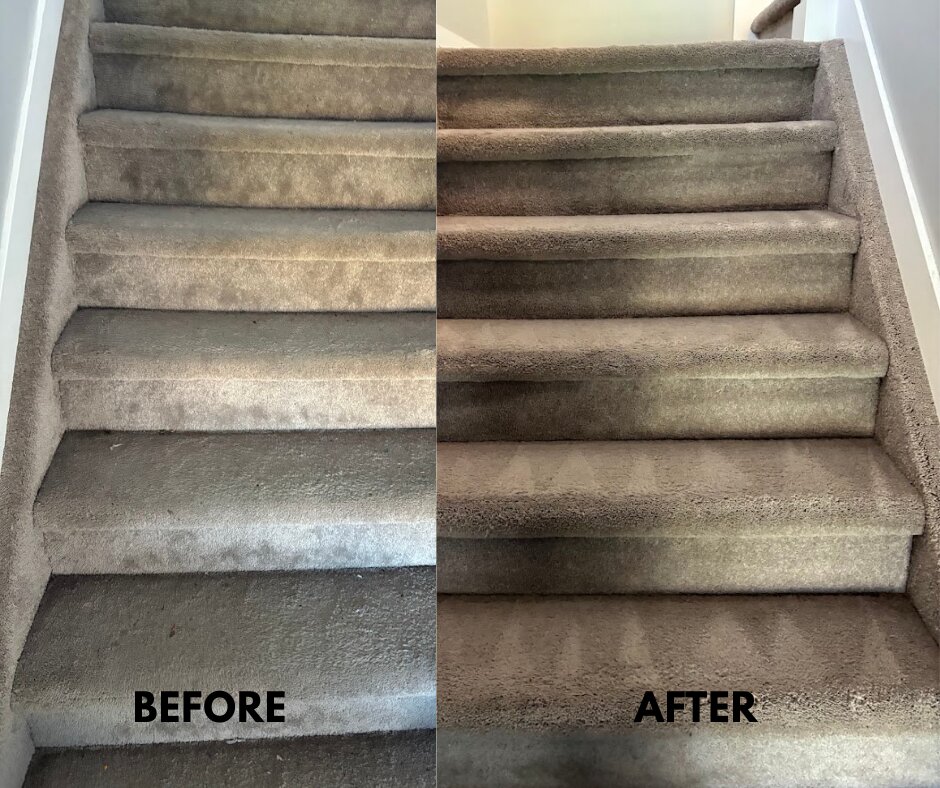Before and after photo of a full carpeted staircase professionally cleaned by Super Shine Carpet Care in Edmonton