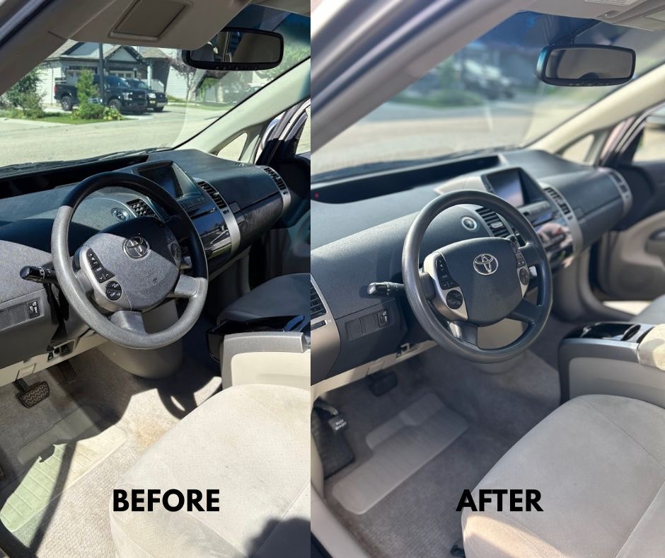 Before and after photo of a Toyota Prius dashboard and interior detailed by Super Shine Carpet Care in Edmonton