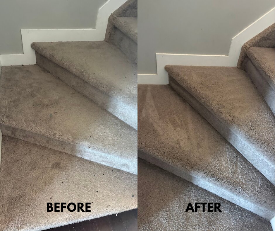 Before and after photo of a carpeted stair landing close-up cleaned by Super Shine Carpet Care in Edmonton