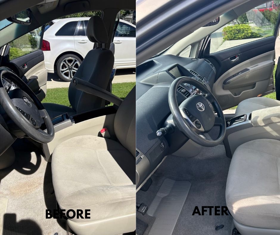 Before and after photo of a Toyota interior with cleaned upholstery by Super Shine Carpet Care in Edmonton