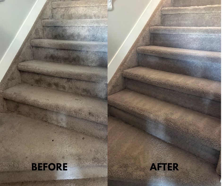 Before and after photo of heavily soiled carpeted stairs professionally cleaned by Super Shine Carpet Care in Edmonton