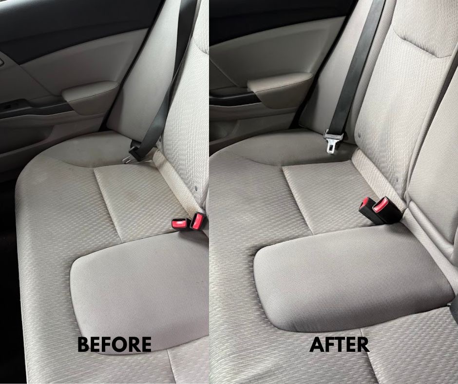 Before and after photo of car back seat upholstery cleaned by Super Shine Carpet Care in Edmonton